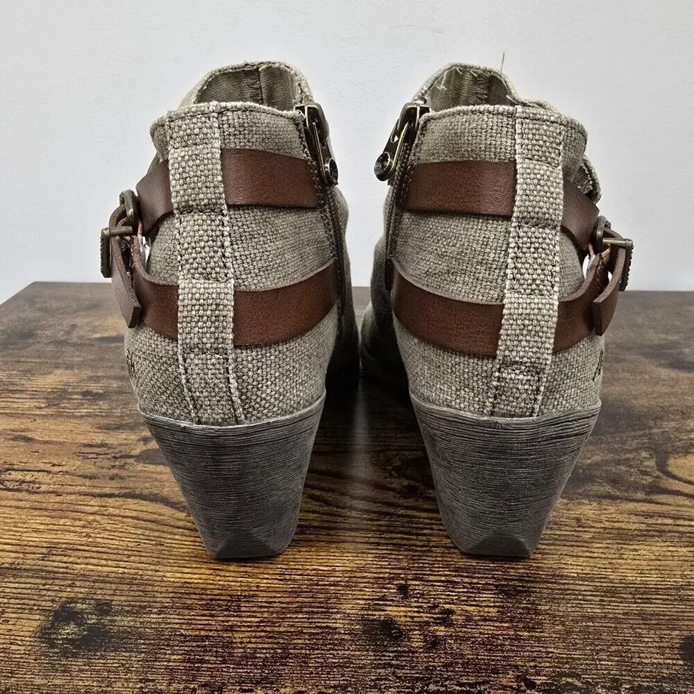 Blowfish Fella Gladiator Stacked Block Heel Open Peep Toe Bootie Sz 9 Taupe